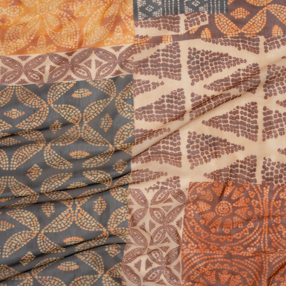 Polyester Stretch Mesh - Black, Auburn and Golden Yellow Batik-Like Geometric Patchwork - Designer Deadstock - Joann Fabrics