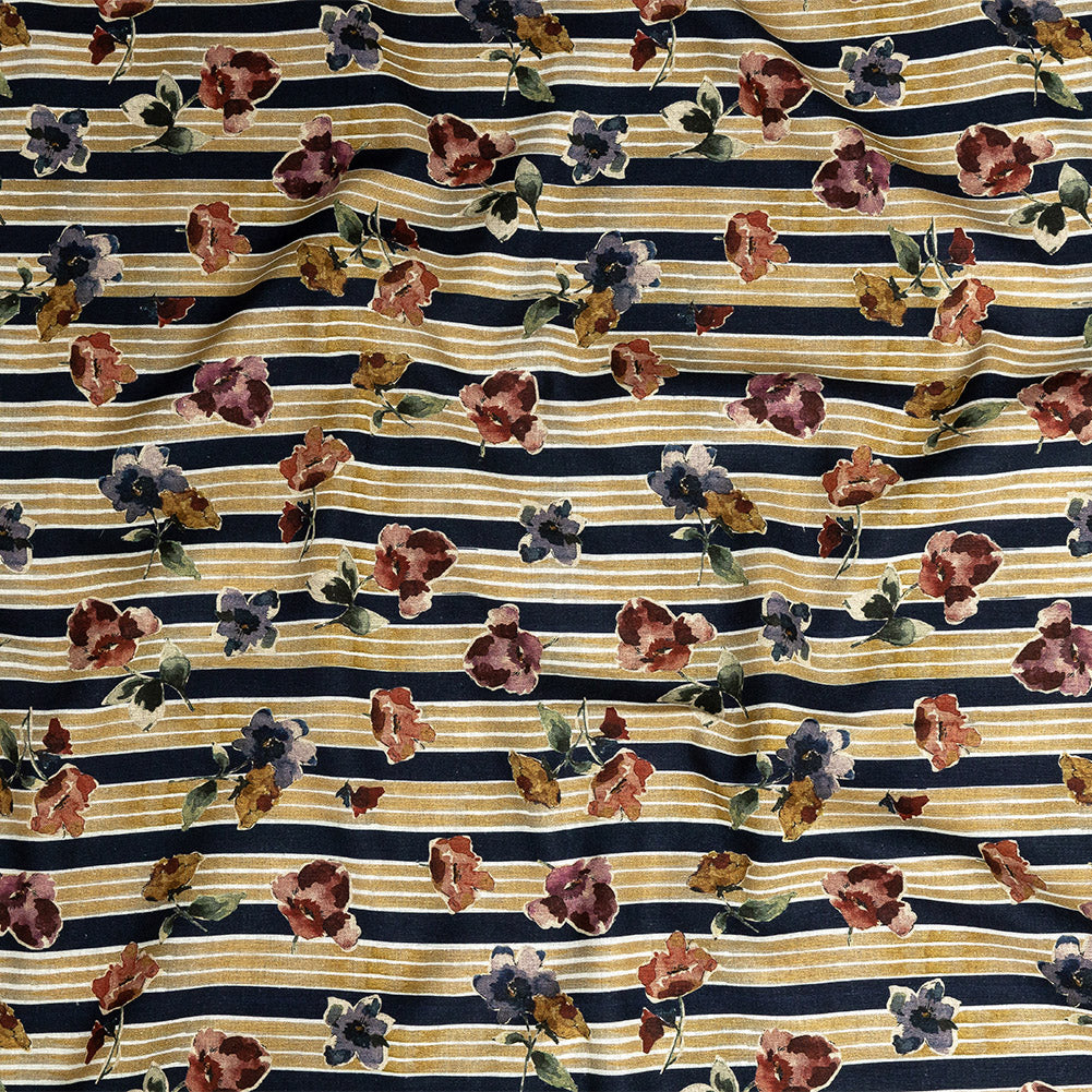 Linen and Rayon Woven - Yellow and Navy Floral over Stripes - Harmonious Hibiscus Print - Mood Exclusive Tumunyana Collection - Joann Fabrics