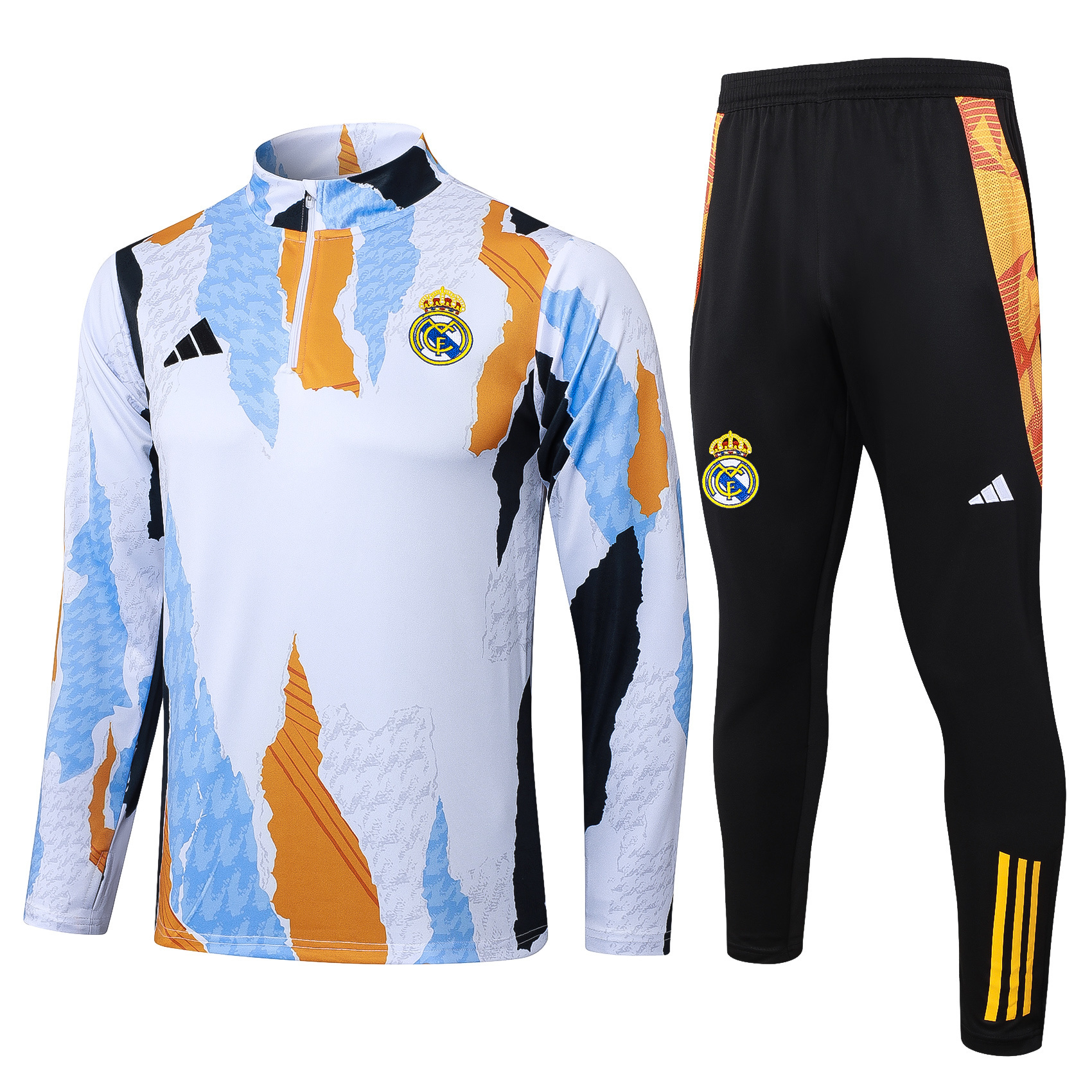 2025/2026 Real Madrid Blue, white and yellow inkjet printing Half-Pull Training Suit Football Shirt 1:1 Thai Quality Set
