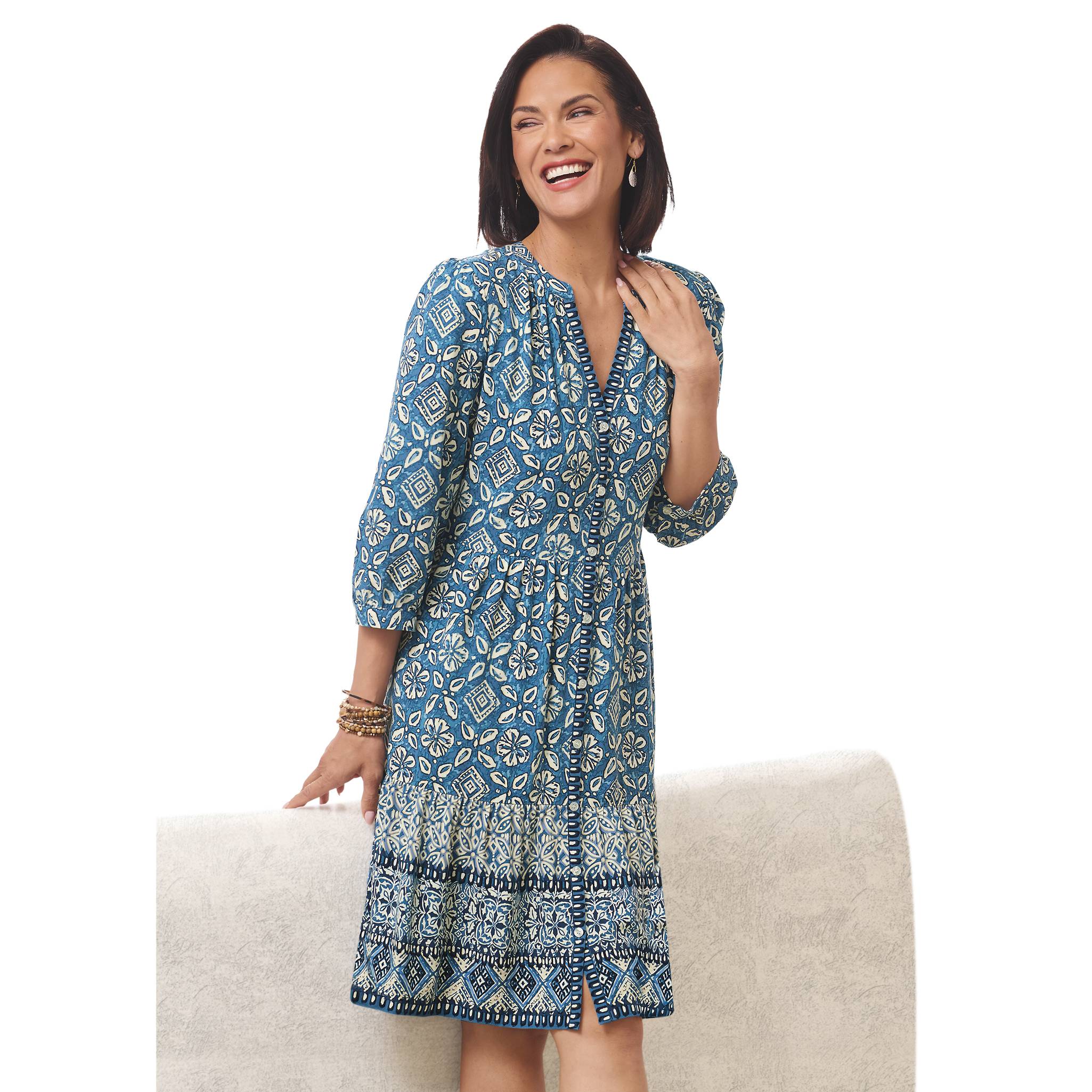 Batik Flounce Dress, Button Front, Side Pockets, Contrast-Print Hem - Northstyle Catalog