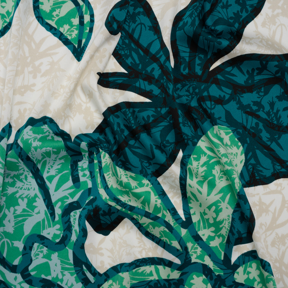 Mechanical Stretch Polyester Charmeuse Print - Beige, Teal and Green Tropical Floral Borders - Designer Deadstock - Joann Fabrics