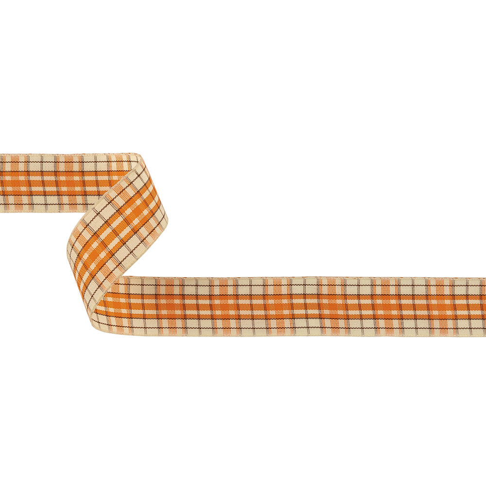 Golden Poppy, Brown and Vanilla Ice Plaid Woven Ribbon - 1