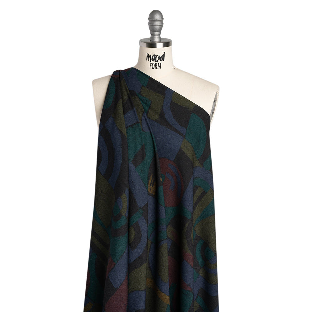 Viscose Crepe - Dark Green, Navy and Burgundy Painted Shapes - Mood Exclusive Painted Play Print - Joann Fabrics