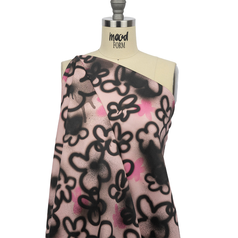 Stretch Cotton Sateen - Pink and Black Spraypaint Floral - Street Sketch Print - Mood Exclusive Metro Collection - Joann Fabrics