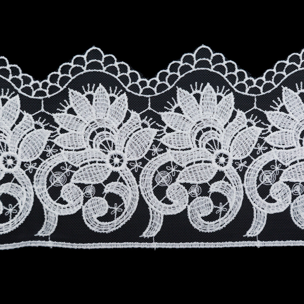 European White Floral Embroidered Lace on Mesh - 3.875