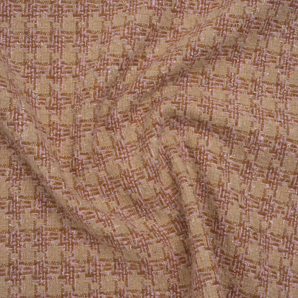 Polyester Metallic Tweed with Eyelash Fringe - Pale Pink, Beige and Tan Houndstooth - Joann Fabrics