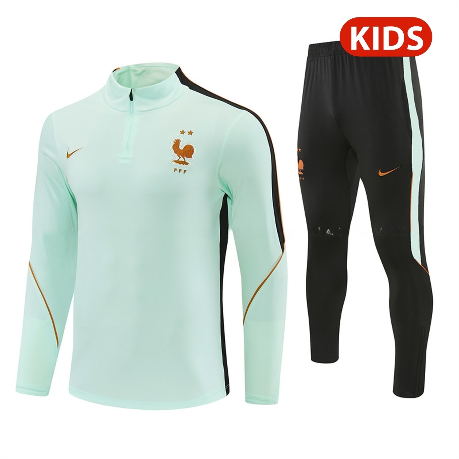France 2026 Kids Long Sleeve Training Set - Light Green Top & Black Pants - UnitedFutballJersey