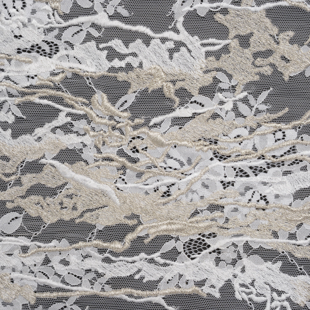Metallic Embroidered Raschel Lace - Off White and Silver Floral and Waves with Scalloped Border - Joann Fabrics