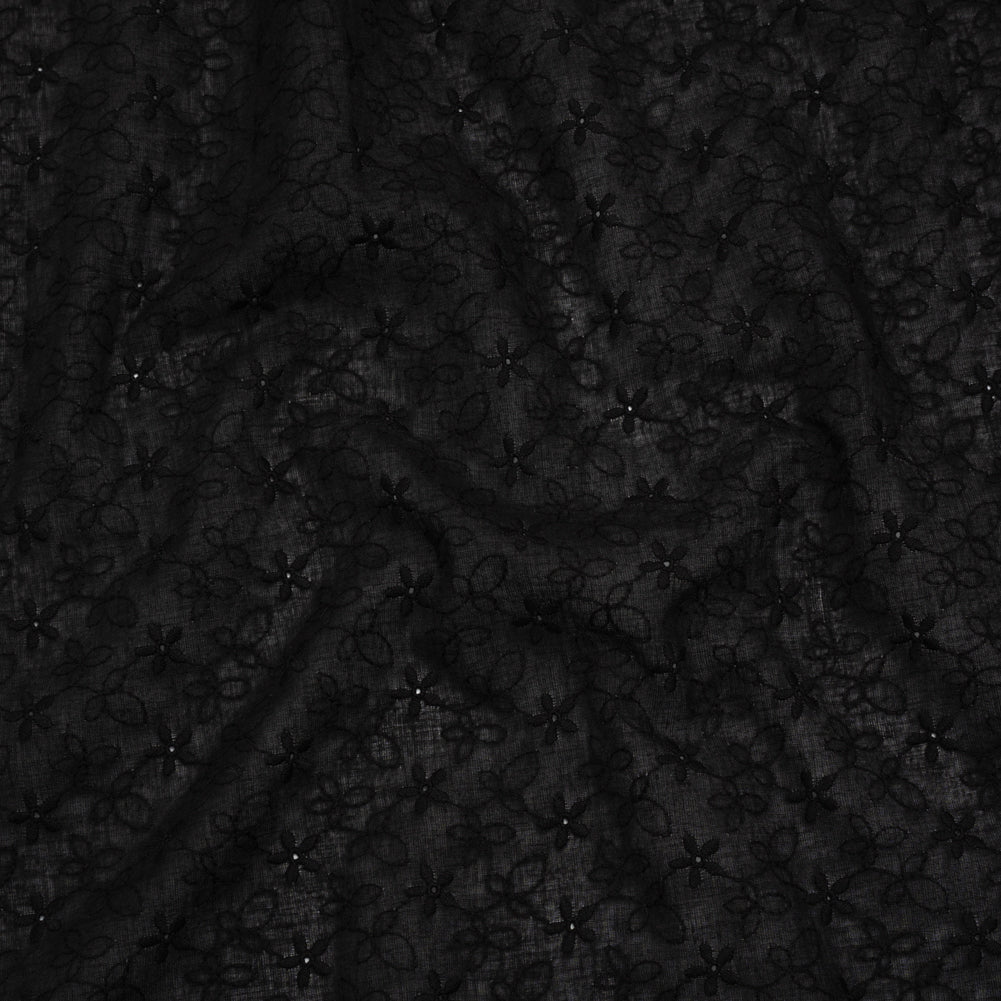 Embroidered Eyelet Cotton Voile - Black Daisies and Leaves - Naomi Collection - Joann Fabrics