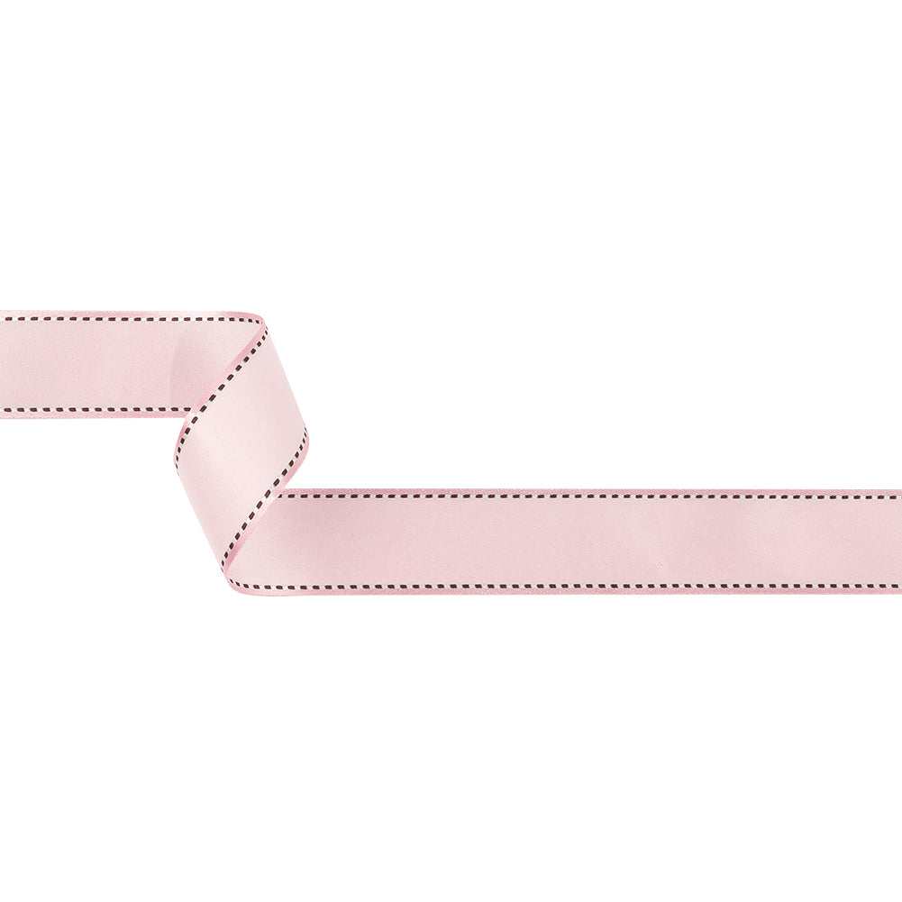 Pink Marshmallow Woven Ribbon with Brown and White Stitched Border - 1
