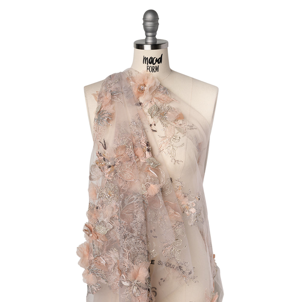 Embroidered and Beaded Tulle with 3D Fabric Flowers - Pale Pink, Peach and Gray Bold Blossoms - Joann Fabrics