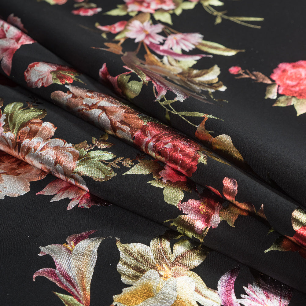 Black Ponte Knit with Multicolor Floral Foil Design - Joann Fabrics