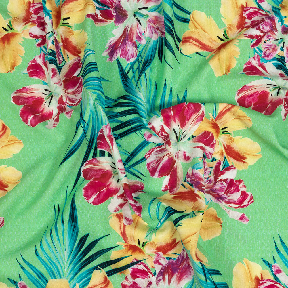 Compression Swimwear Tricot, UV Protective with Aloe Vera Microcapsules - Seafoam, Wild Orchid and Tangerine Tropical Floral - Caye Collection - Joann Fabrics