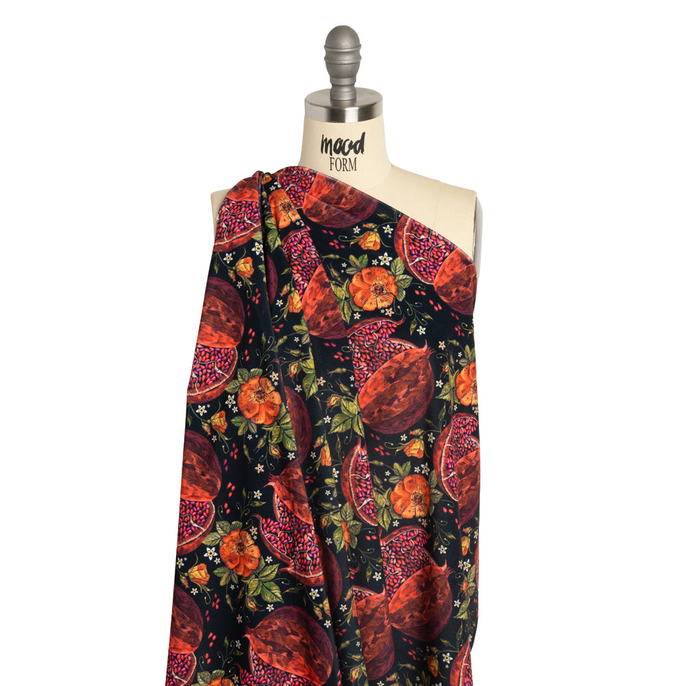 Polyester Microvelvet - Red, Green and Black Pomegranates and Flowers - Joann Fabrics