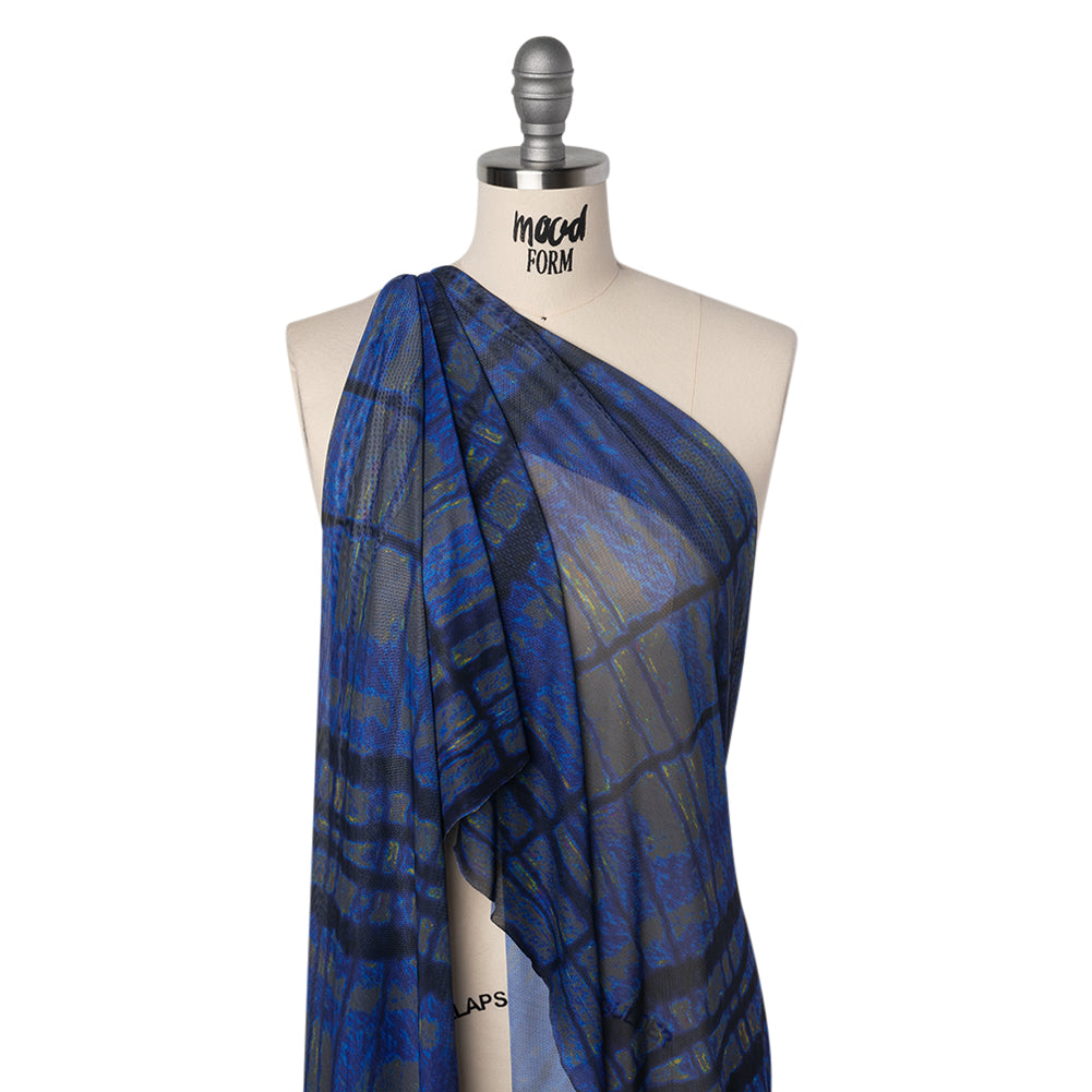 Polyester Stretch Mesh - Electric Blue, Olive and Black Abstract Plaid - Designer Deadstock - Joann Fabrics