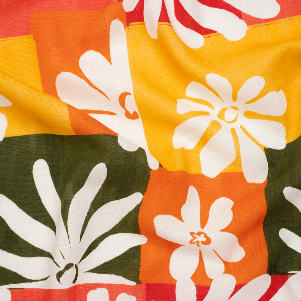 Linen and Rayon Woven - Dark Green, Red Orange and Yellow Floral Patchwork Blocks - Mood Exclusive Blooming Blocks Print - Joann Fabrics