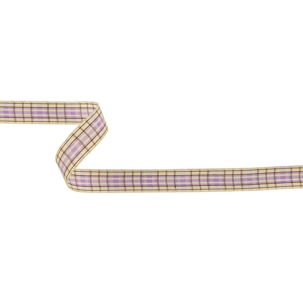 Lilac, Brown and Vanilla Ice Plaid Woven Ribbon - 0.625