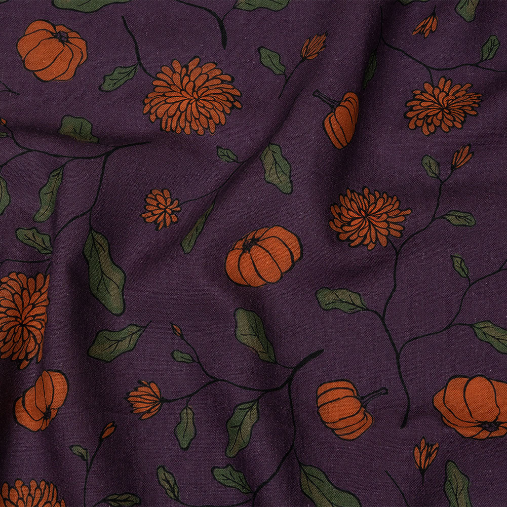 Linen and Rayon Woven - Purple and Orange Pumpkins and Flowers - Chrysanthemum Crisp Print - Mood Exclusive Jack-O-Lantern Collection - Joann Fabrics