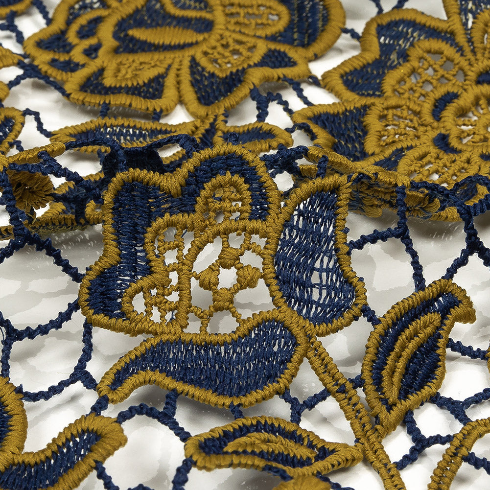 Guipure Lace with Finished Edges - Mustard and Royal Blue Two-Tone Floral - Joann Fabrics
