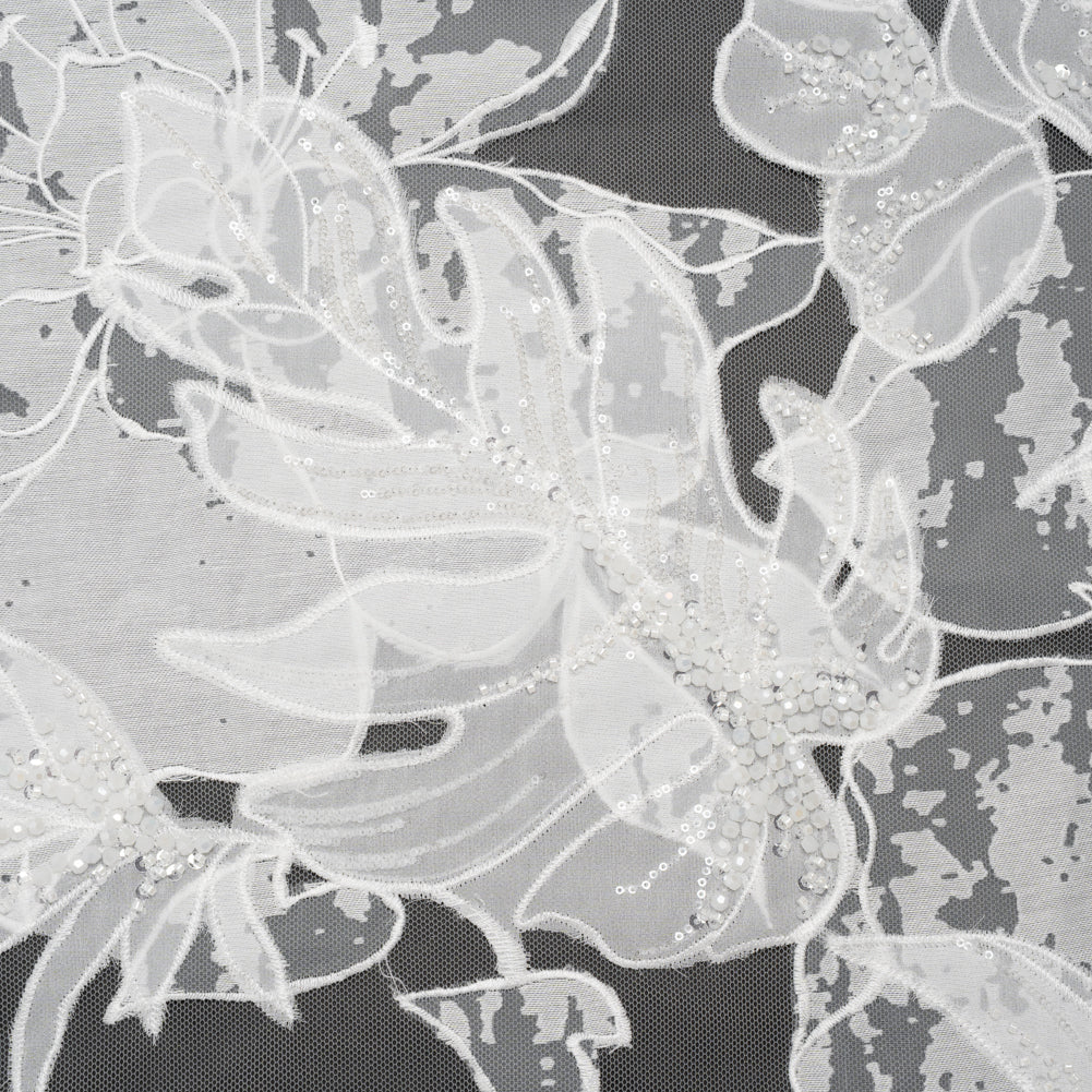 Beaded and Embroidered Tulle with Burnout Fabric Appliques - Off White Tropical Garden - Joann Fabrics