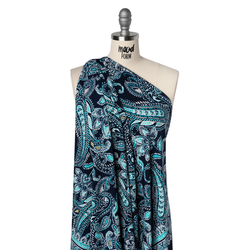 Stretch Polyester Tricot with Puff Print Details - Navy, Teal and White Paisley with Borders - Designer Deadstock - Joann Fabrics