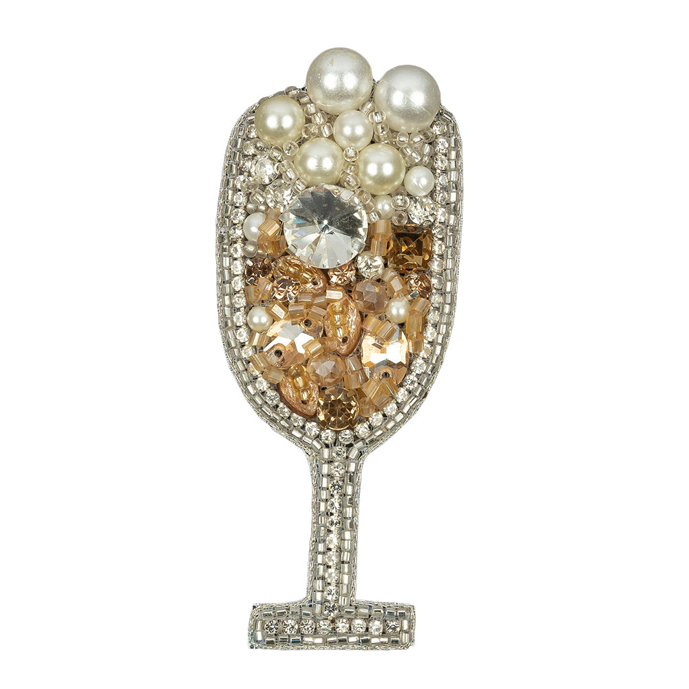 Pearl, Crystal and Topaz Champagne Flute Rhinestones and Glass Beaded Applique - 3.375