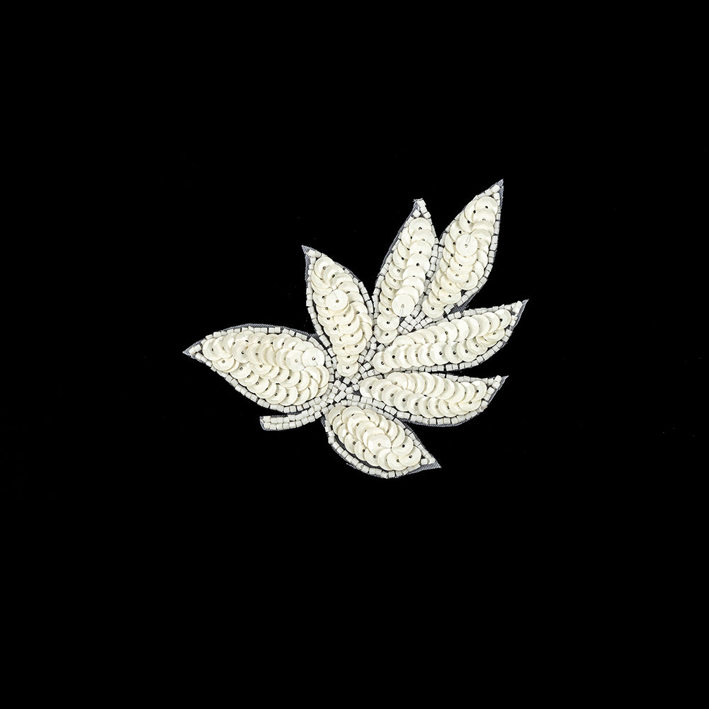 Vintage Off-White Sequins and White-lined Beaded Leaf Applique - 4