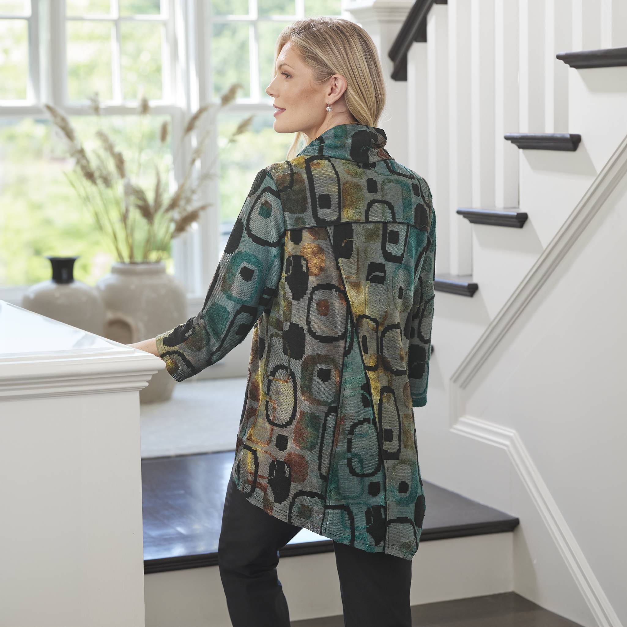 Textured Burnout Tunic, Soft Brushed Knit, Cowlneck, Pocket, Angled Hem - Northstyle Catalog