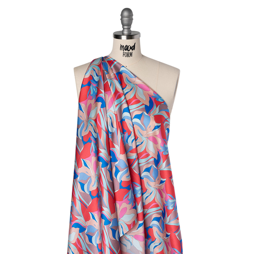 Silk Charmeuse Print 16MM, Made in Italy - Peach, Cobalt Blue and Red Retro Lily Florals - Joann Fabrics