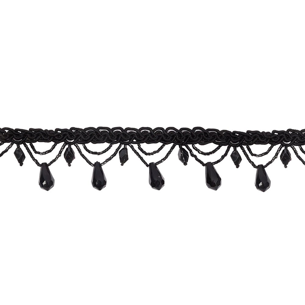 Vintage Black Teardrops and Glass Beaded Looped Fringe on Black Braid - 1.5