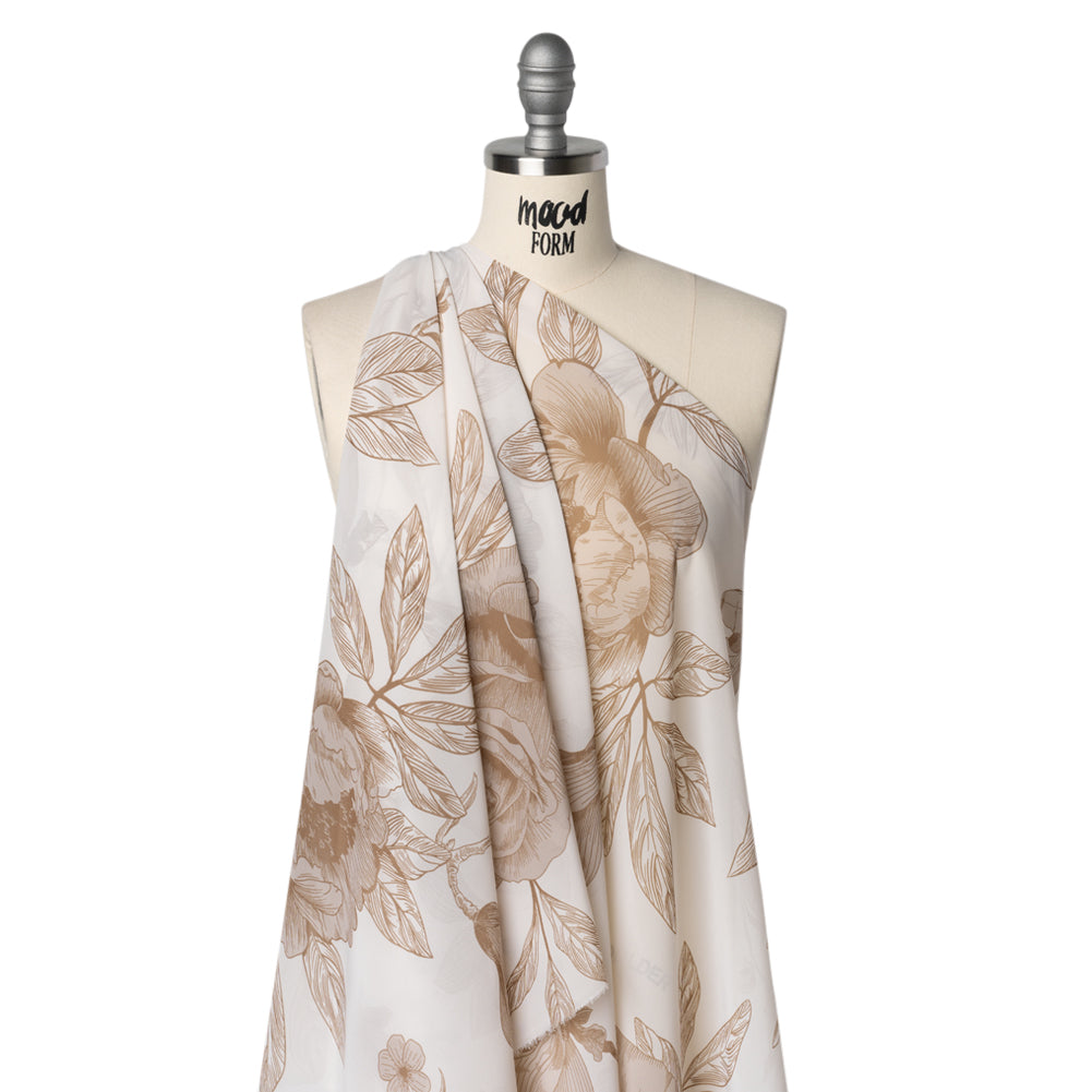 Polyester Chiffon Print - Cream and Mocha Brown Big Roses - Designer Deadstock - Joann Fabrics