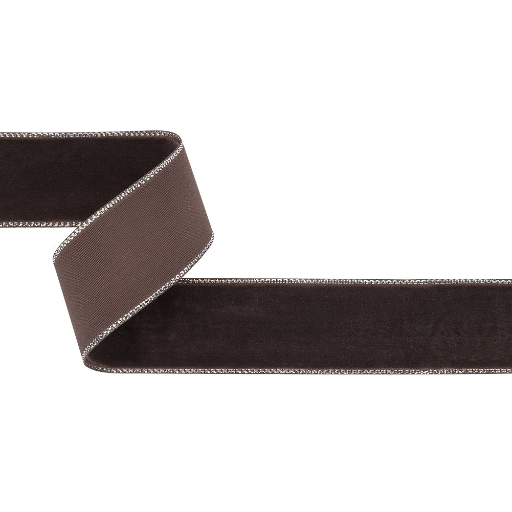 Chocolate Plum and Silver Metallic Lined Velvet Ribbon - 1