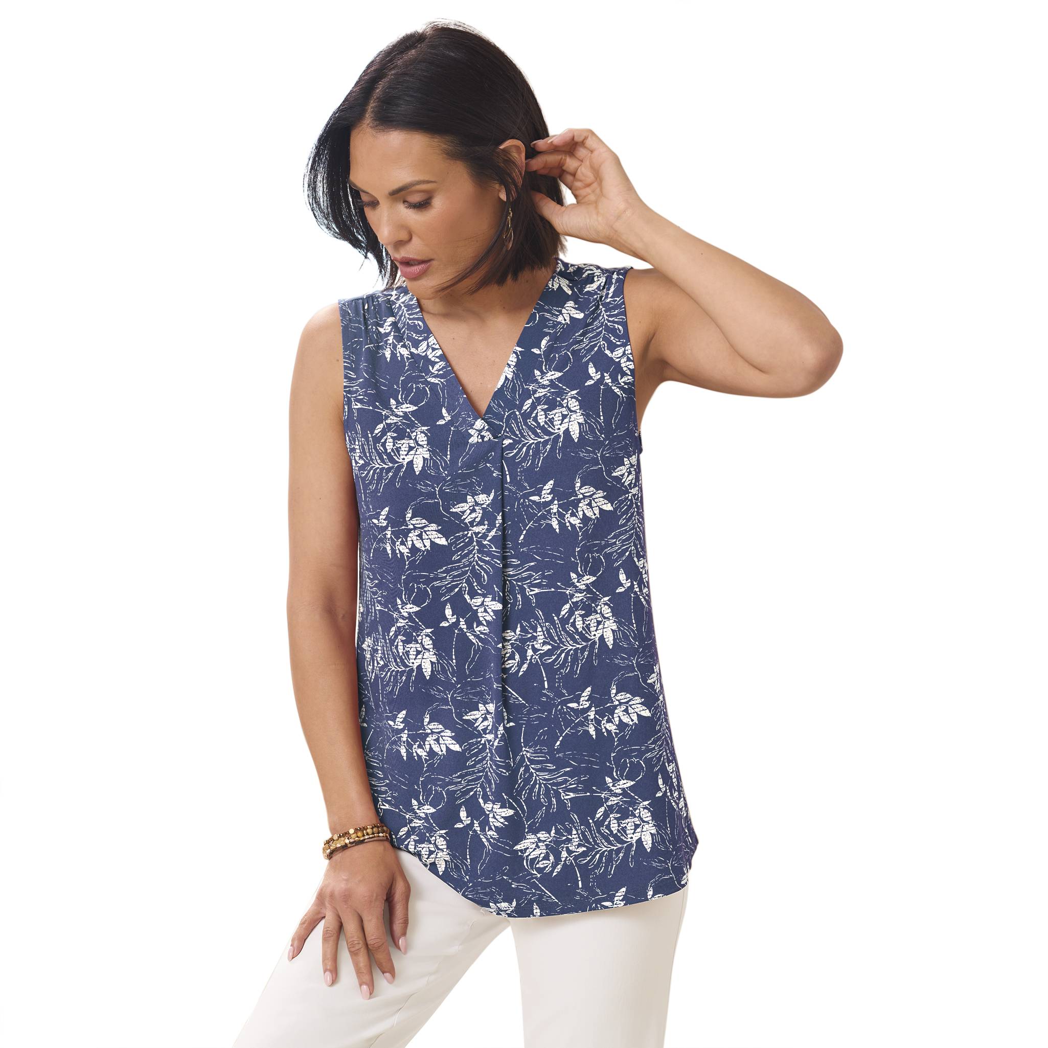 Etched Leaves Sleeveless Top, Silky Knit, Banded V-Neck, Front Pleat - Northstyle Catalog