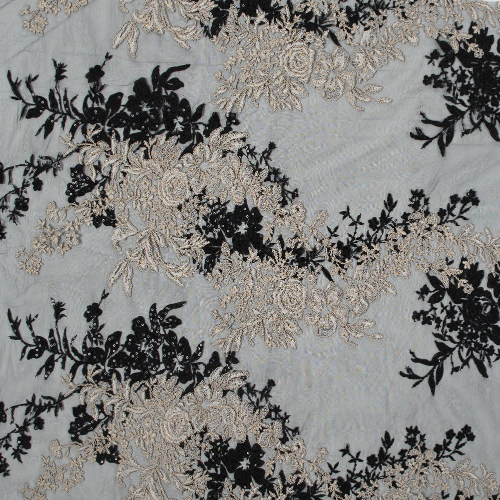 Corded Embroidered Mesh with Sequins - Black and Beige Floral - Joann Fabrics
