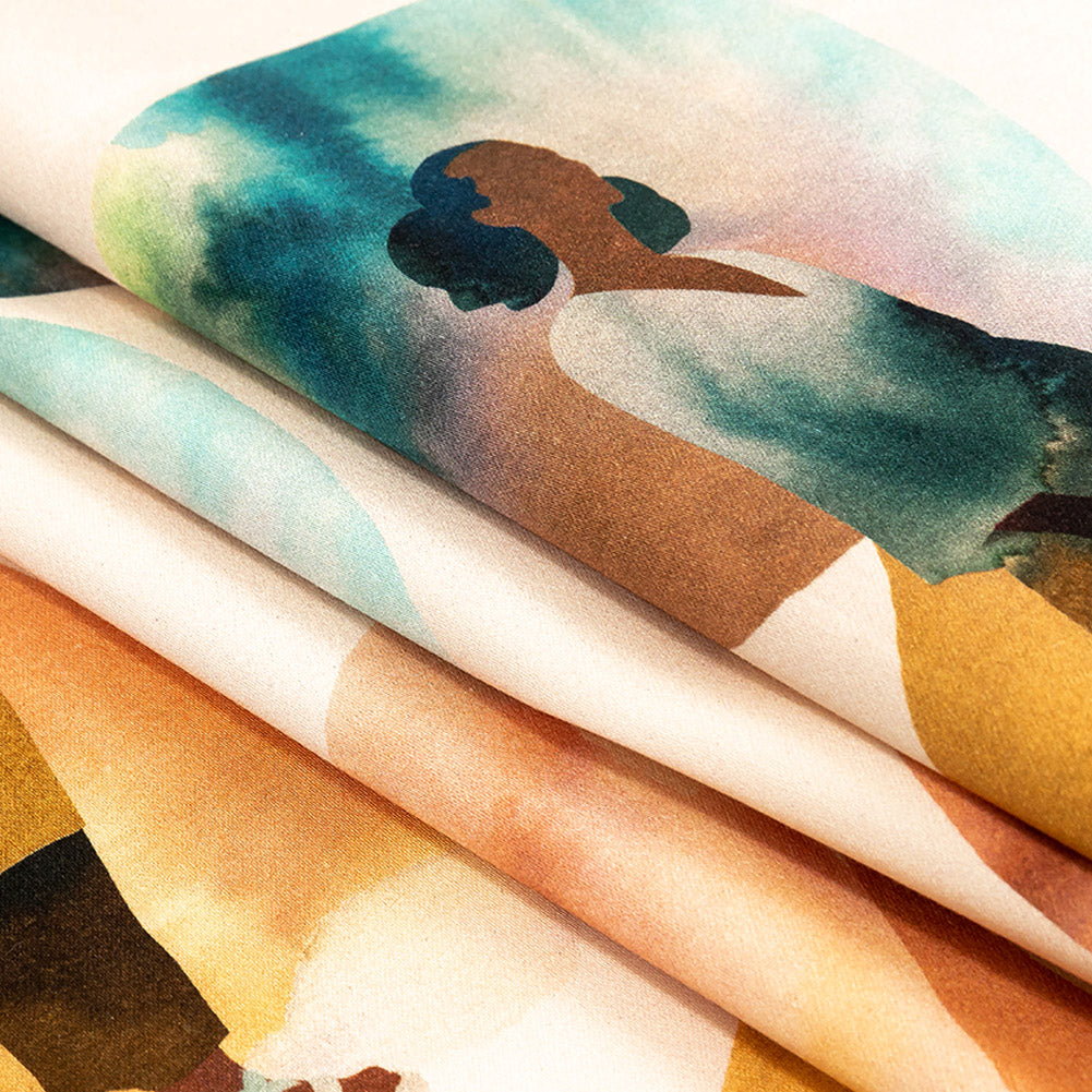 Stretch Cotton Sateen - Multi Watercolor Figures and Shapes - Wayfaring Woman Print - Mood Exclusive Tumunyana Collection - Joann Fabrics
