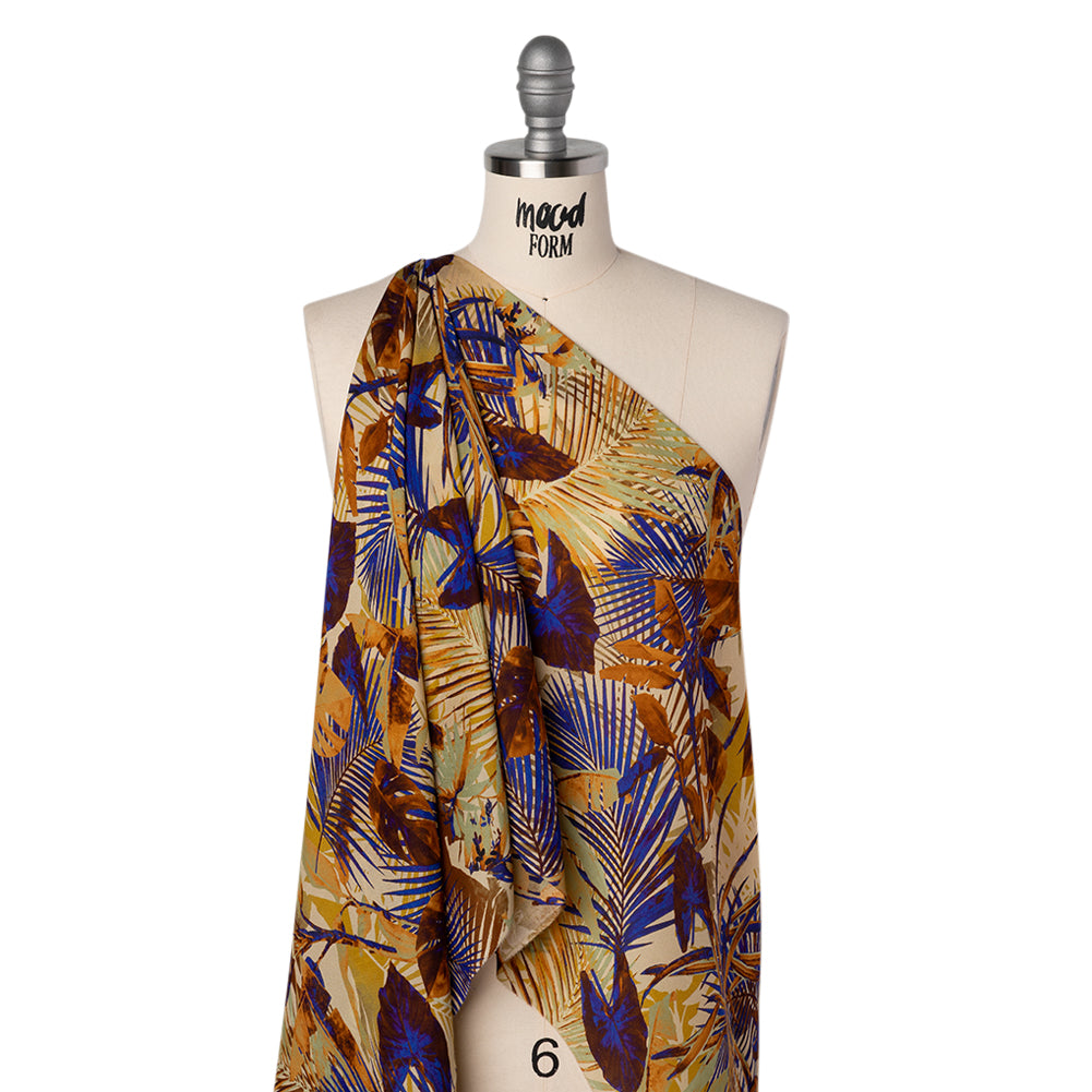 Satin Faced Silk Chiffon Print Made in Italy - Gold, Brown and Ultramarine Blue Palms and Tropical Leaves - Deadstock - Joann Fabrics