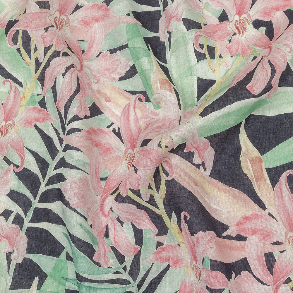 Pink, Green and Black Lilies Medium Weight Linen Woven - Joann Fabrics