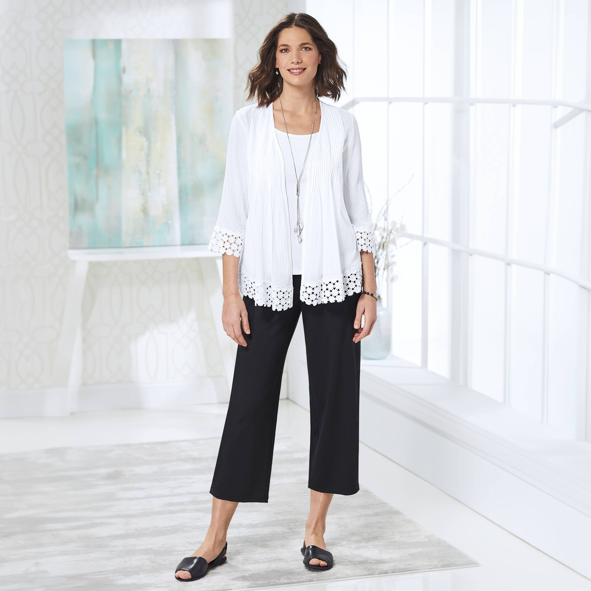Airy Lace Cotton Jacket, Lightweight Gauze, Open Front, Pintucks - Northstyle Catalog