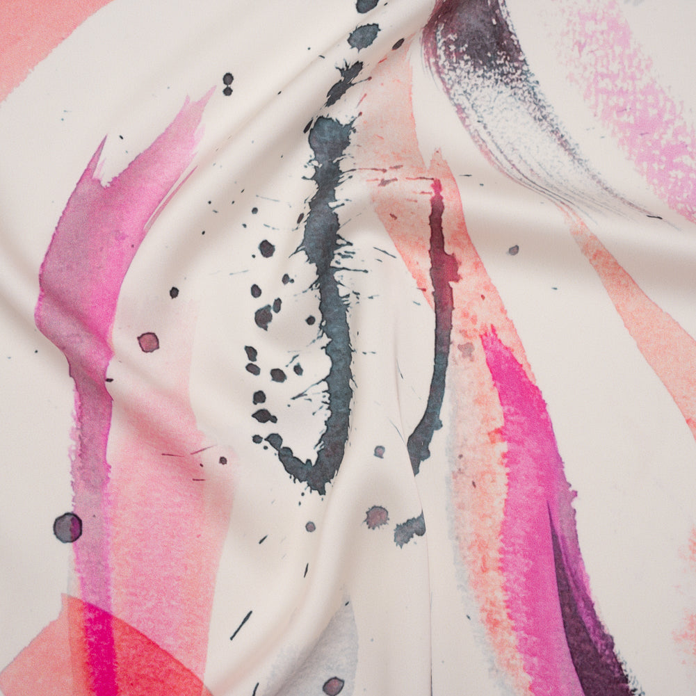 Polyester Satin - Fuchsia, Coral Pink and Muted Blue Abstract Watercolor Ribbons - Mood Exclusive Fluid Strokes Print - Joann Fabrics