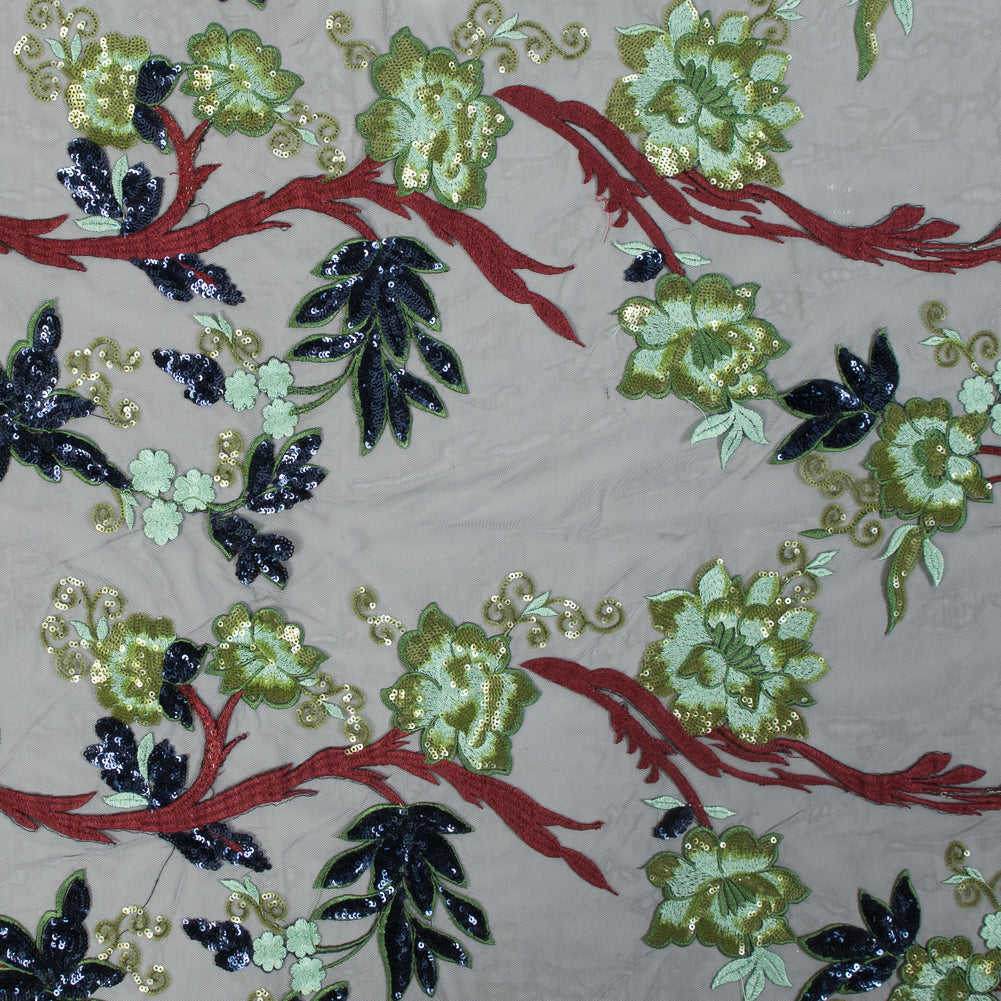 Embroidered Mesh with Sequins - Green, Brown and Navy Floral - Joann Fabrics