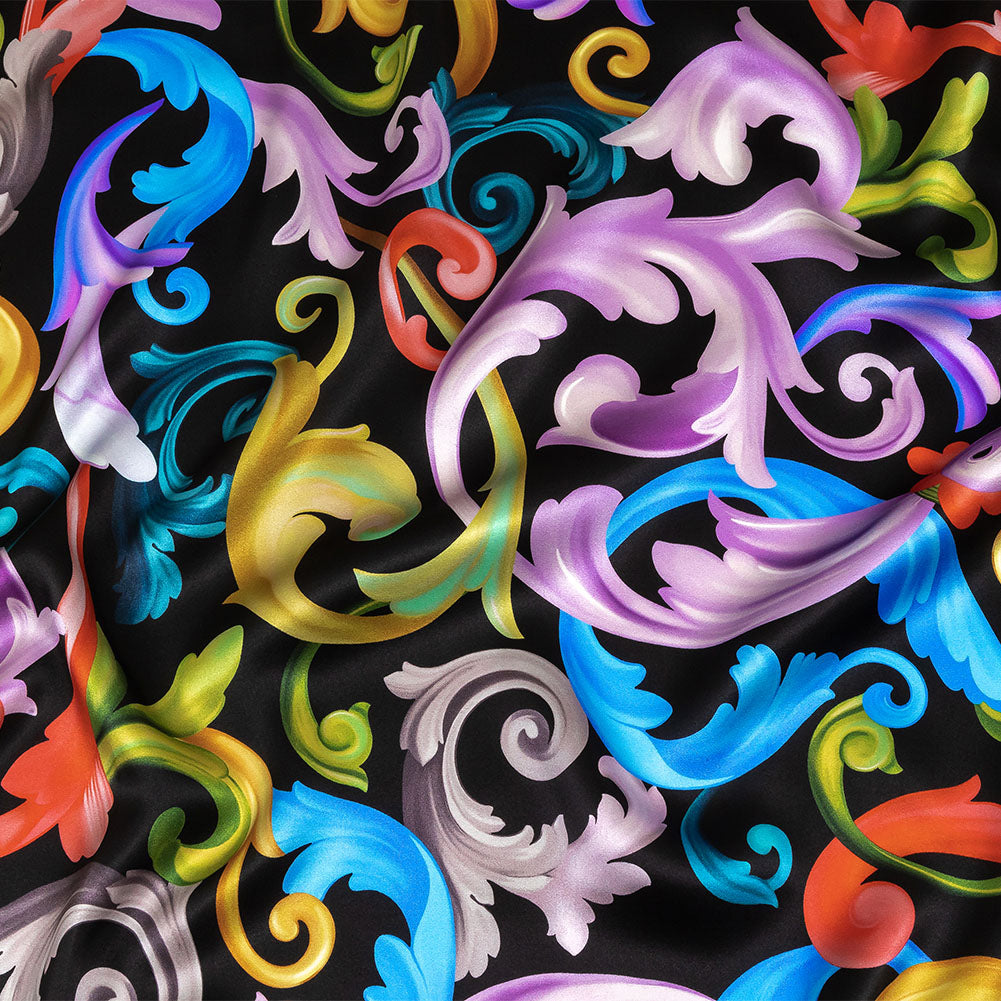 Mood Exclusive Italian Black and Rainbow Ornate Swirls Silk Charmeuse - Joann Fabrics