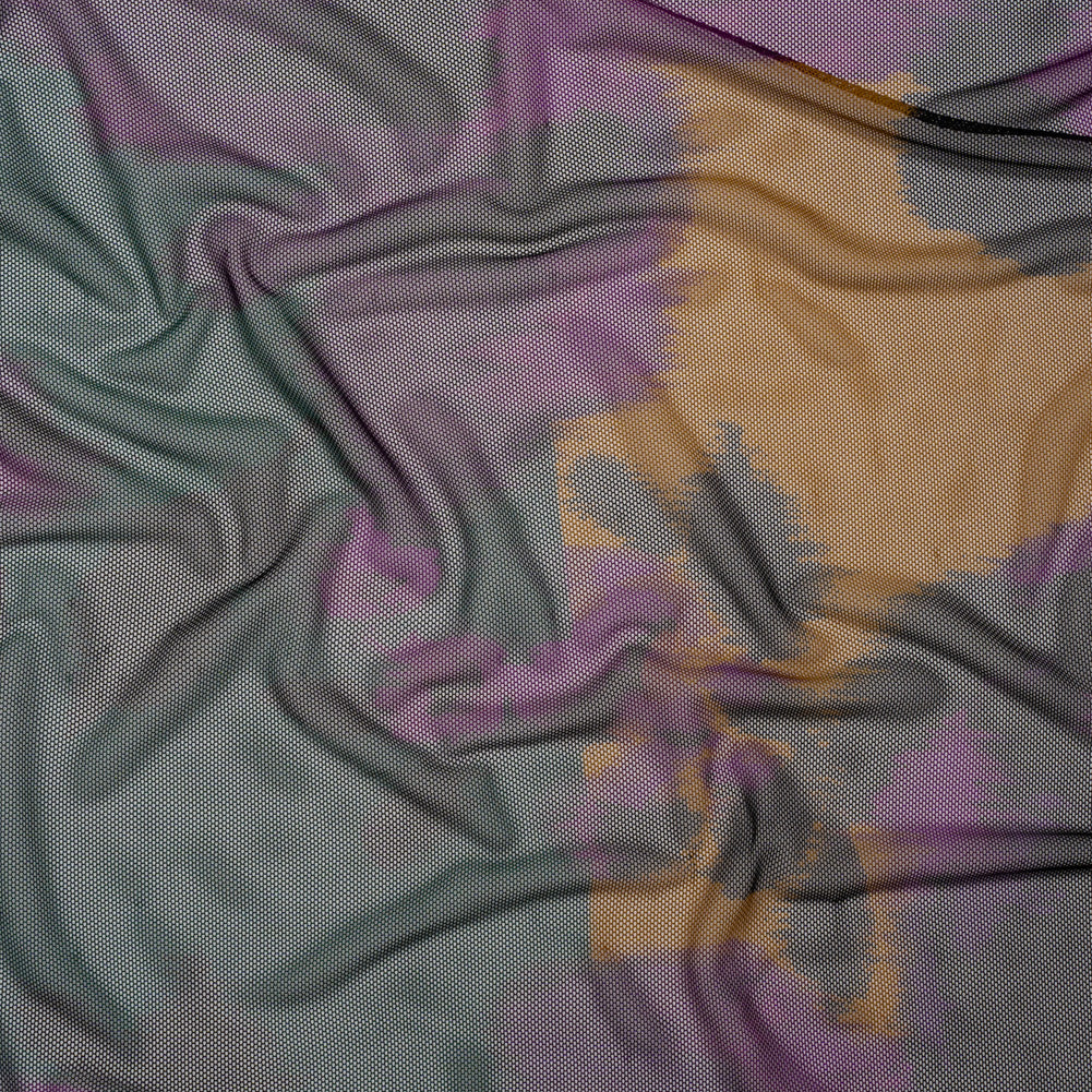 Polyester Stretch Mesh - Dark Green, Purple and Gold Ikat Floral - Designer Deadstock - Joann Fabrics