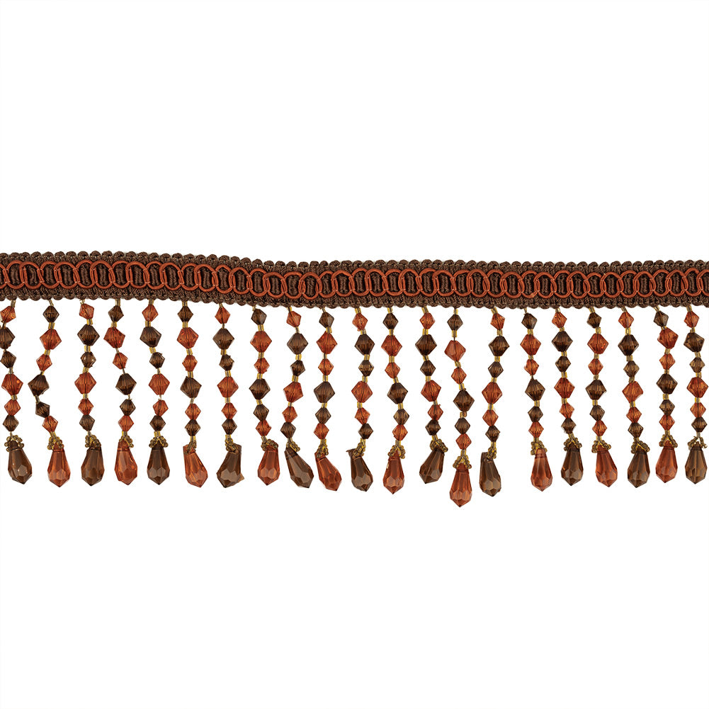 Orange, Amber and Brown Circles Braided Trim with Beaded Fringe - 3.25