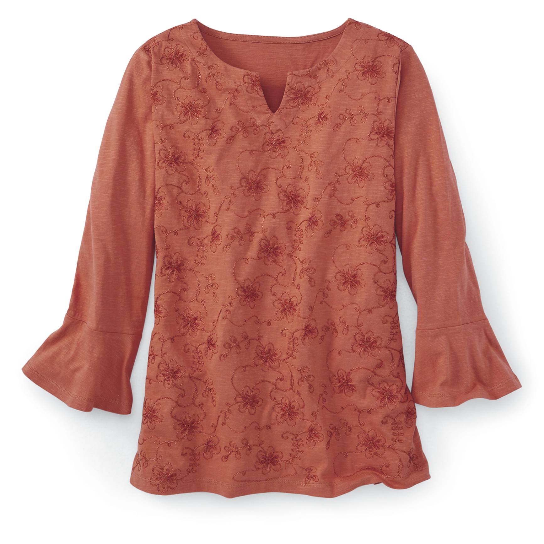 Embroidered Cotton Flounce-Sleeve Knit Top, Notched Neck, 3/4 Sleeves - Northstyle Catalog
