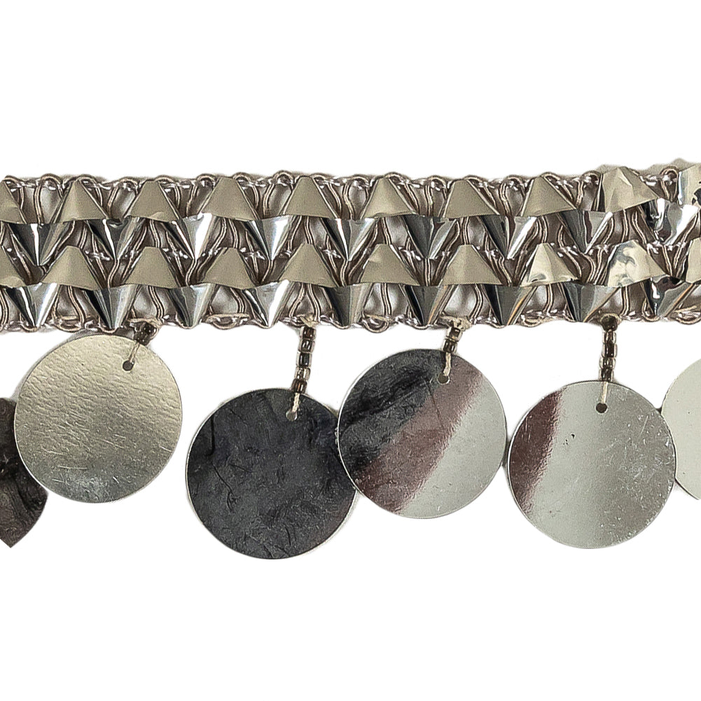 Vintage Metallic Silver Braided Trim with Silver Paillette Sequins and Beaded Fringe - 1.75