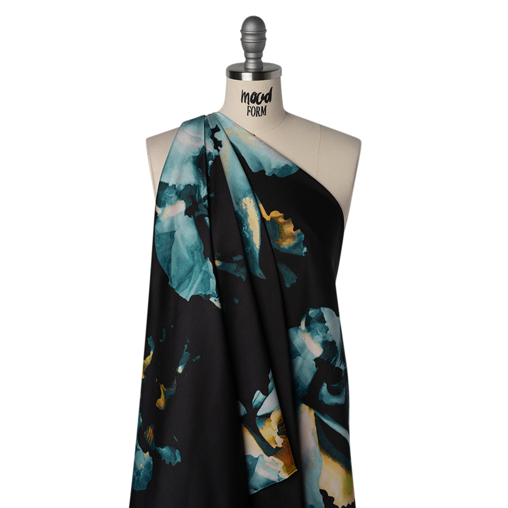 Stretch Polyester Charmeuse - Black, Blue and Yellow Abstracted Watercolor Florals - Designer Deadstock - Joann Fabrics