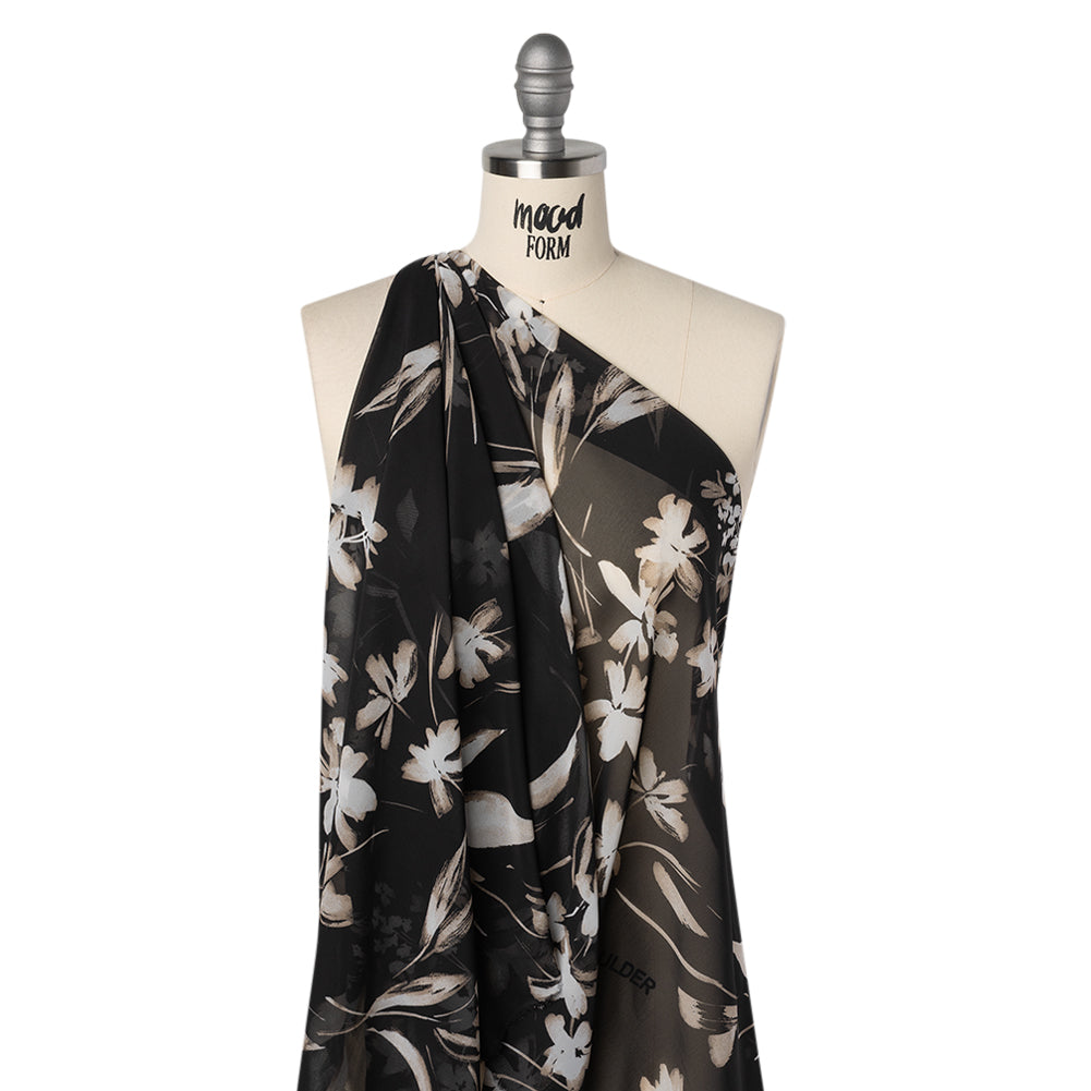 Polyester Chiffon Print - Black, Taupe and White Floral - Designer Deadstock - Joann Fabrics