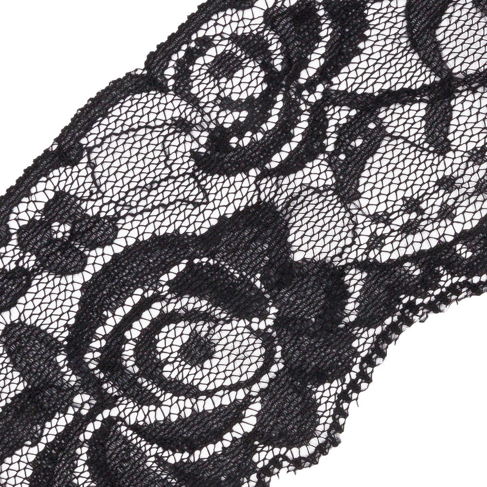 Famous NYC Designer Black Delicate Roses Stretch Lace Trim with Scalloped Edge - 2.25