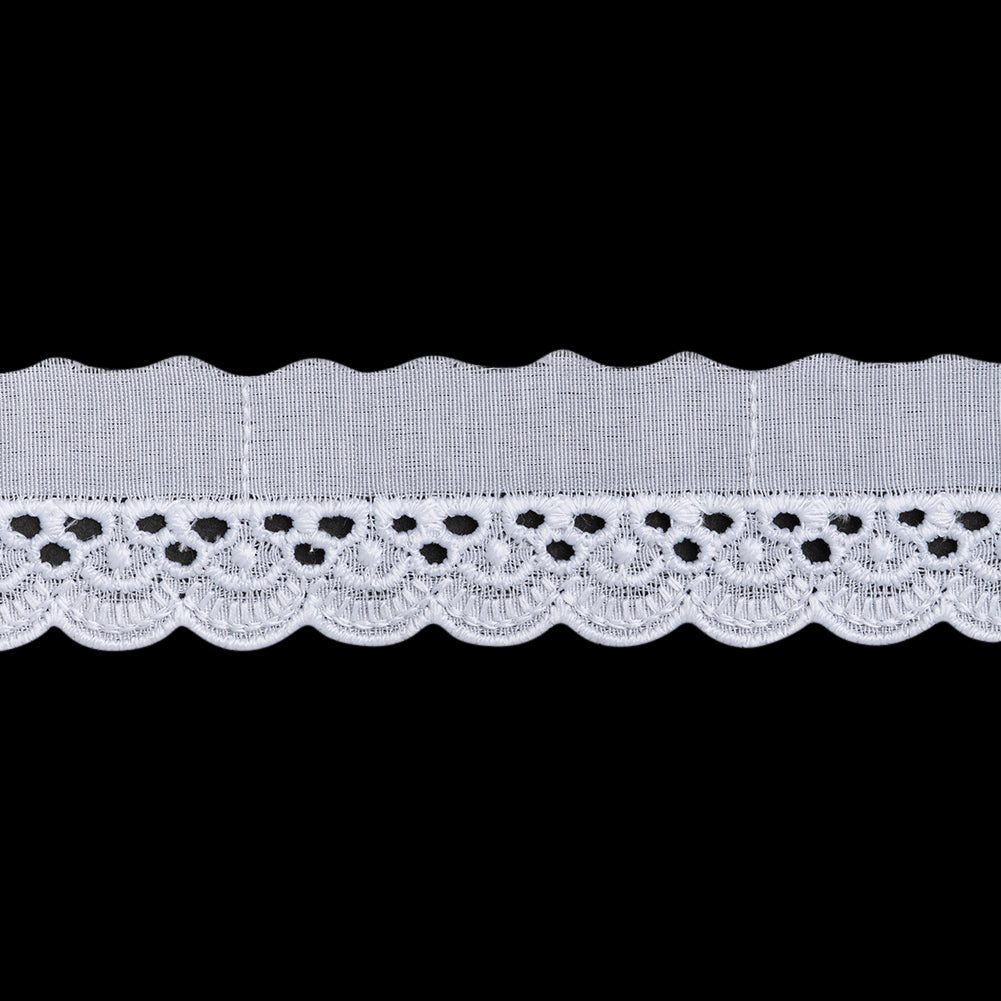 Cotton and Polyester Embroidered Eyelet Lace Trim with One Finished Scalloped Edge - 1.25