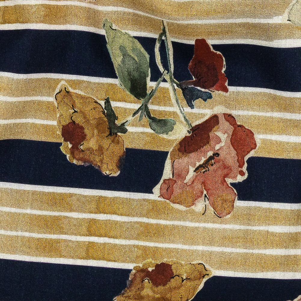 Cotton Voile - Yellow and Navy Floral over Stripes - Harmonious Hibiscus Print - Mood Exclusive Tumunyana Collection - Joann Fabrics